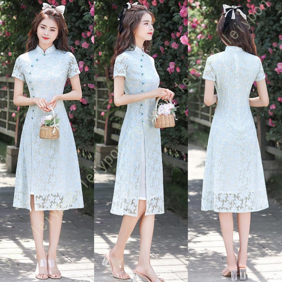 チャイナドレス レディース ワンピース ロングワンピースロング ドレス パーティードレス チャイナ服 マキシ丈 立ち襟 半袖 花柄 刺繍 改良 漢服 中国風