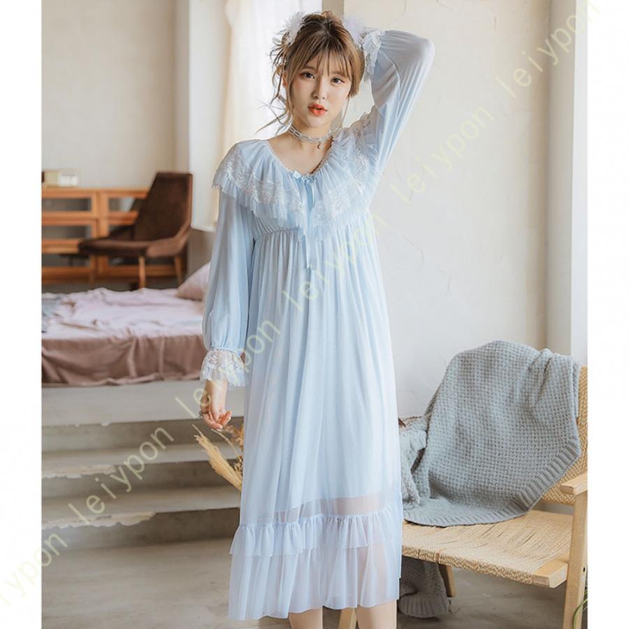 ネグリジェ パジャマ ワンピース フリル 長袖 ロング 春夏