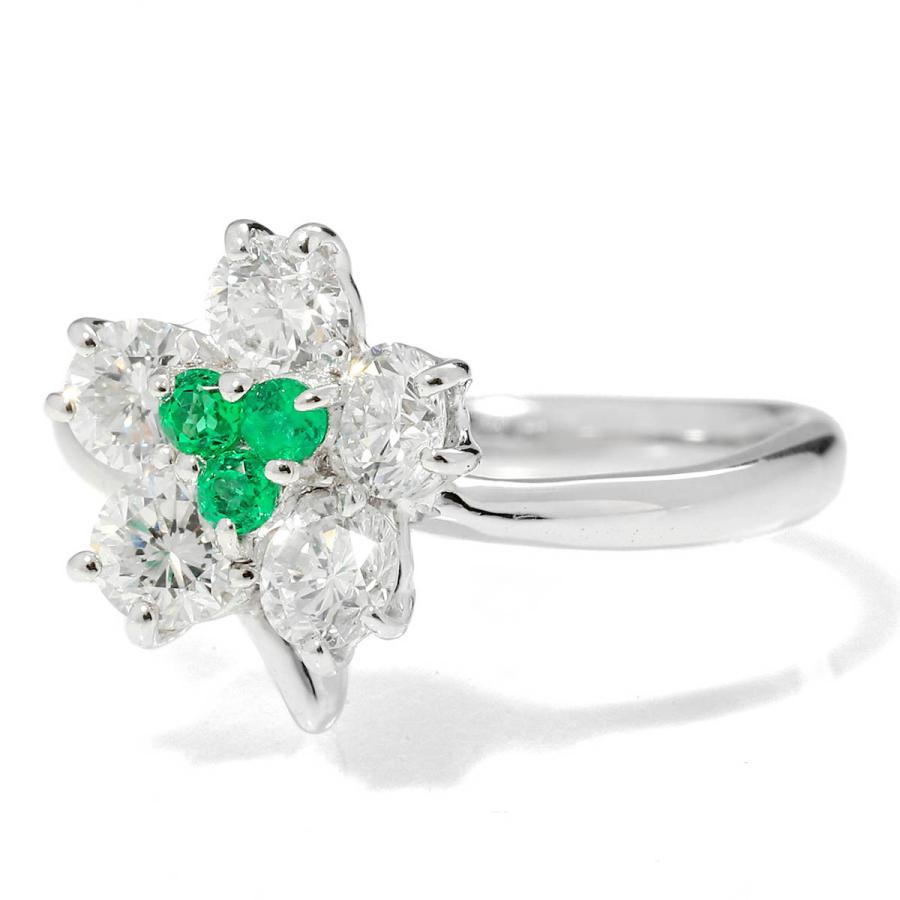フラワーモチーフリング 指輪 エメラルド ダイヤモンド 0.97ct 