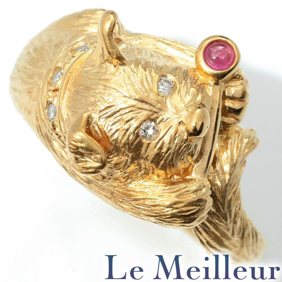 犬モチーフリング 指輪 ルビー ダイヤモンド イエローゴールド K18YG
