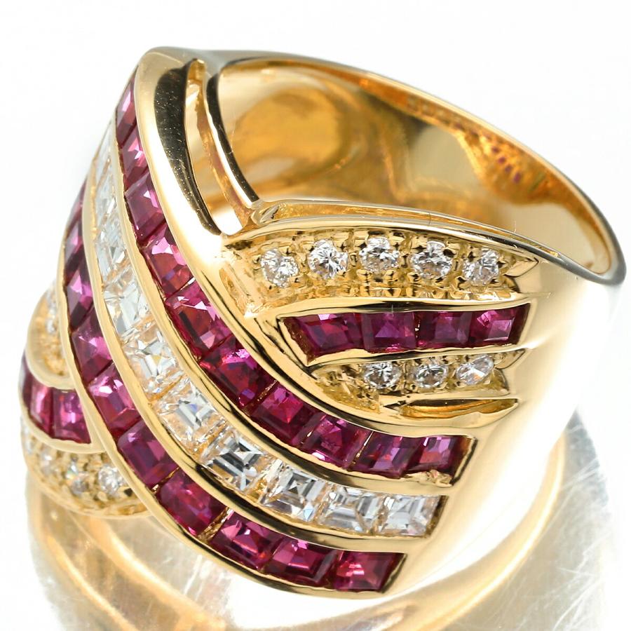 交差デザインリング 指輪 ルビー 3.45ct ダイヤモンド 1.01ct K18 13号  