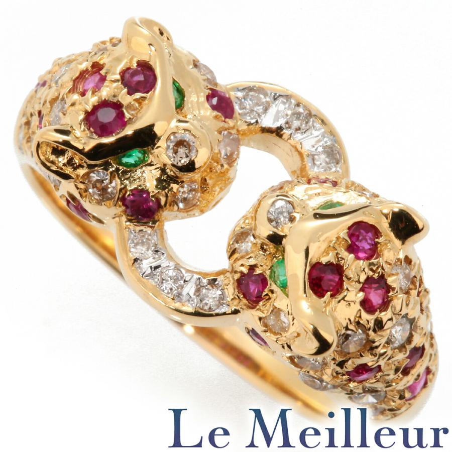 パンサーモチーフ リング 指輪 ルビー 0.43ct ダイヤモンド 0.38ct K18