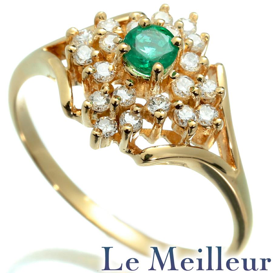 ヘイローデザインリング 指輪 エメラルド ダイヤモンド 0.3ct K18 13号  