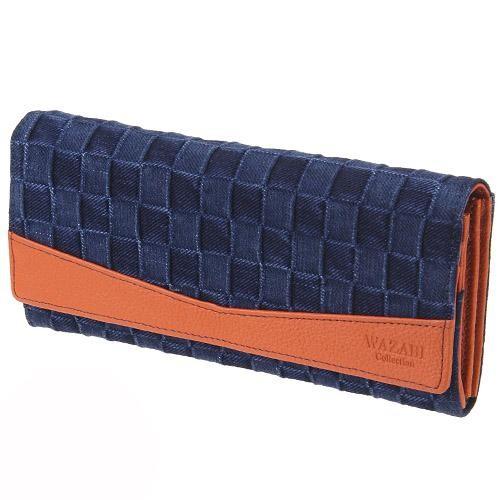 新しい到着値下げ Wazabi ふた付き長財布濃デニムオレンジブラウン 21新春福袋