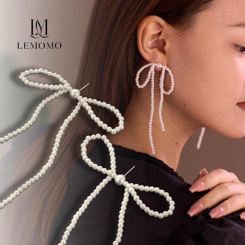 LEMOMO ピアス パール リボン ロング 揺れる シルバー925　金属アレルギー対応 韓国 おしゃれ インスタ | 