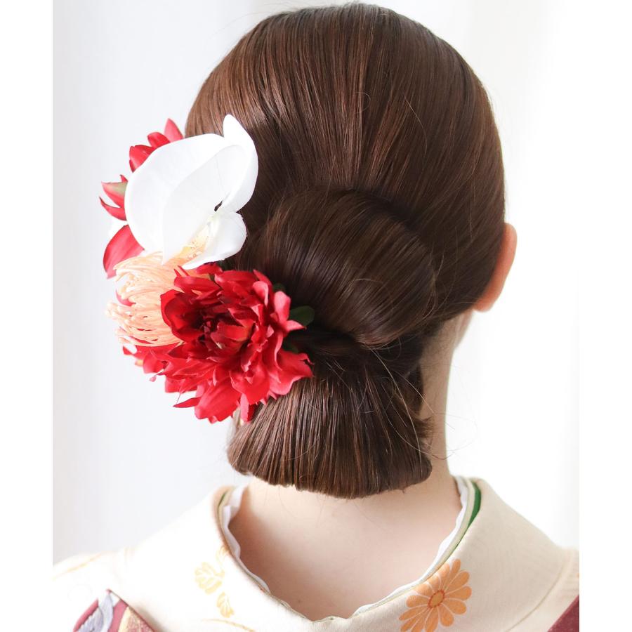 人気蝶々パール簪★ダークレッドダリア&マム★結婚式★成人式★卒業式★髪飾り 成人式 髪飾り 和装 花 卒業式 袴 ウェディング ダリア 胡蝶蘭