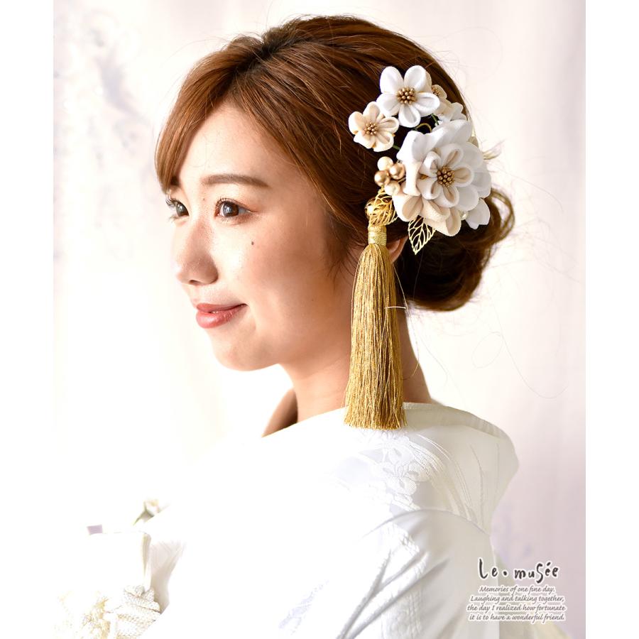 【HAru*レトロ浪漫和装つまみ細工髪飾り イヤリング付き】ホワイト× レトロ② 和装 成人式 髪飾り ちりめん花つむぎ | 白無垢 色打掛 振袖 袴