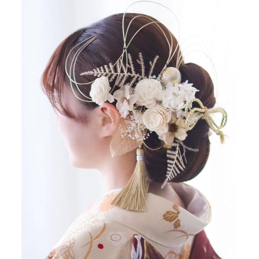 ヘッドドレス～紐アレンジ ハナミズキゴールドstyle～髪飾り ドライフラワー 成人式 髪飾り 和装 花 紐 水引 金箔 袴 卒業式 セット ヘッドドレス