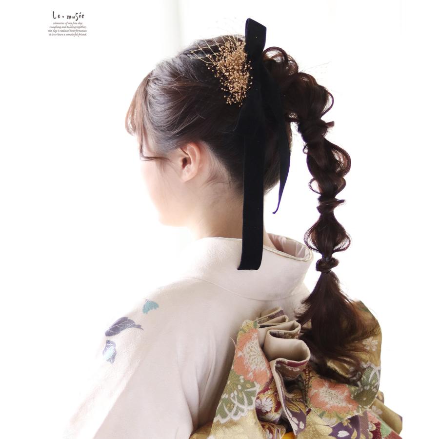 和装 成人式 髪飾り ベルベット リボン & チュール | ゴールド ブラック 金箔 カスミソウ プリザーブドフラワー 白無垢 色打掛 振袖 袴  卒業式 |  | 13