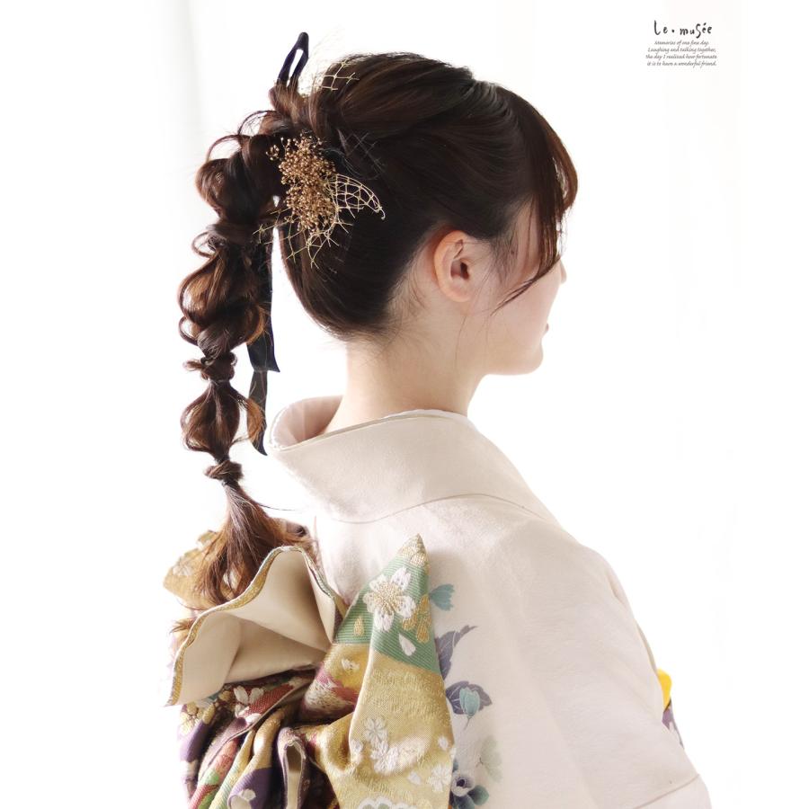 和装 成人式 髪飾り ベルベット リボン & チュール | ゴールド