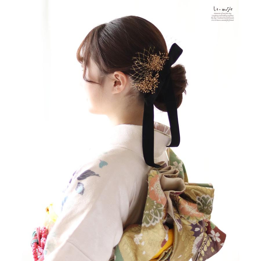 和装 成人式 髪飾り ベルベット リボン & チュール | ゴールド ブラック 金箔 カスミソウ プリザーブドフラワー 白無垢 色打掛 振袖 袴  卒業式 |  | 02
