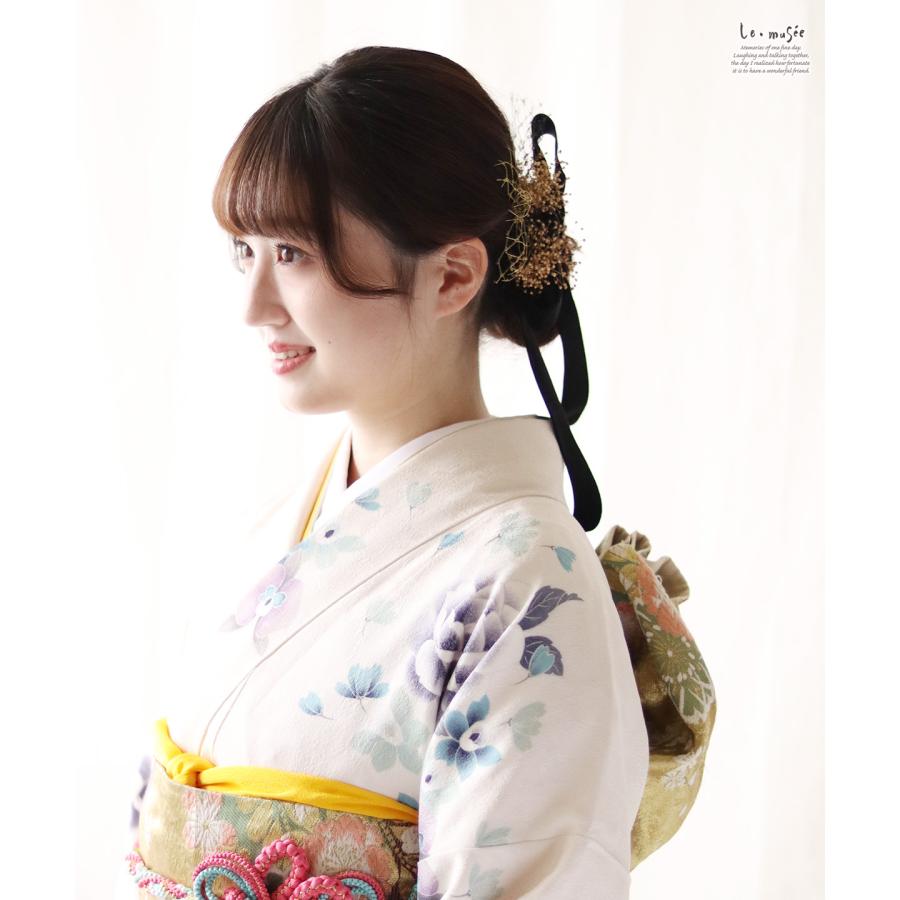 和装 成人式 髪飾り ベルベット リボン & チュール | ゴールド ブラック 金箔 カスミソウ プリザーブドフラワー 白無垢 色打掛 振袖 袴  卒業式 |  | 03