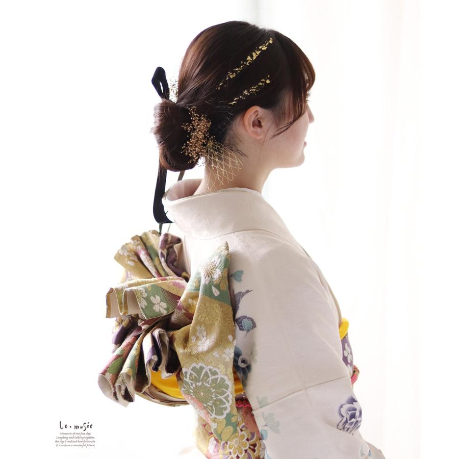 和装 成人式 髪飾り ベルベット リボン & チュール | ゴールド ブラック 金箔 カスミソウ プリザーブドフラワー 白無垢 色打掛 振袖 袴  卒業式 |  | 05
