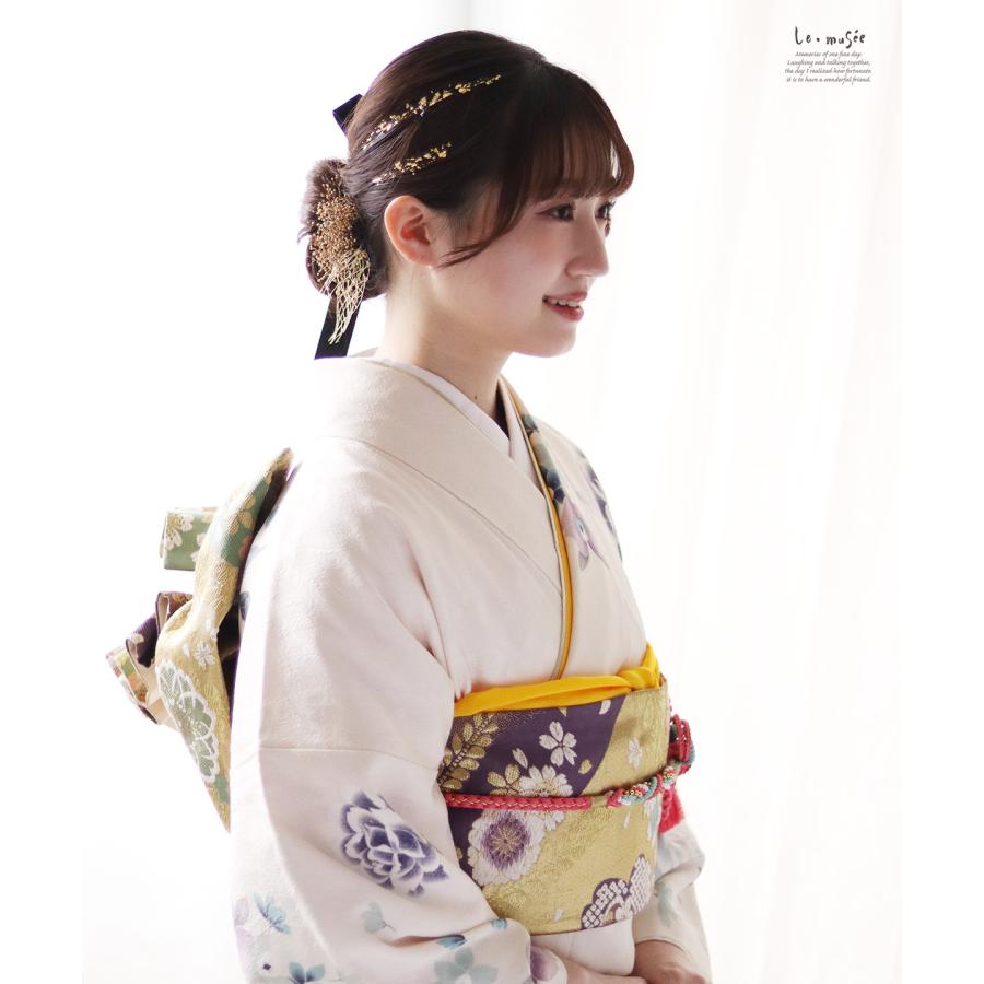 和装 成人式 髪飾り ベルベット リボン & チュール | ゴールド ブラック 金箔 カスミソウ プリザーブドフラワー 白無垢 色打掛 振袖 袴  卒業式 |  | 06