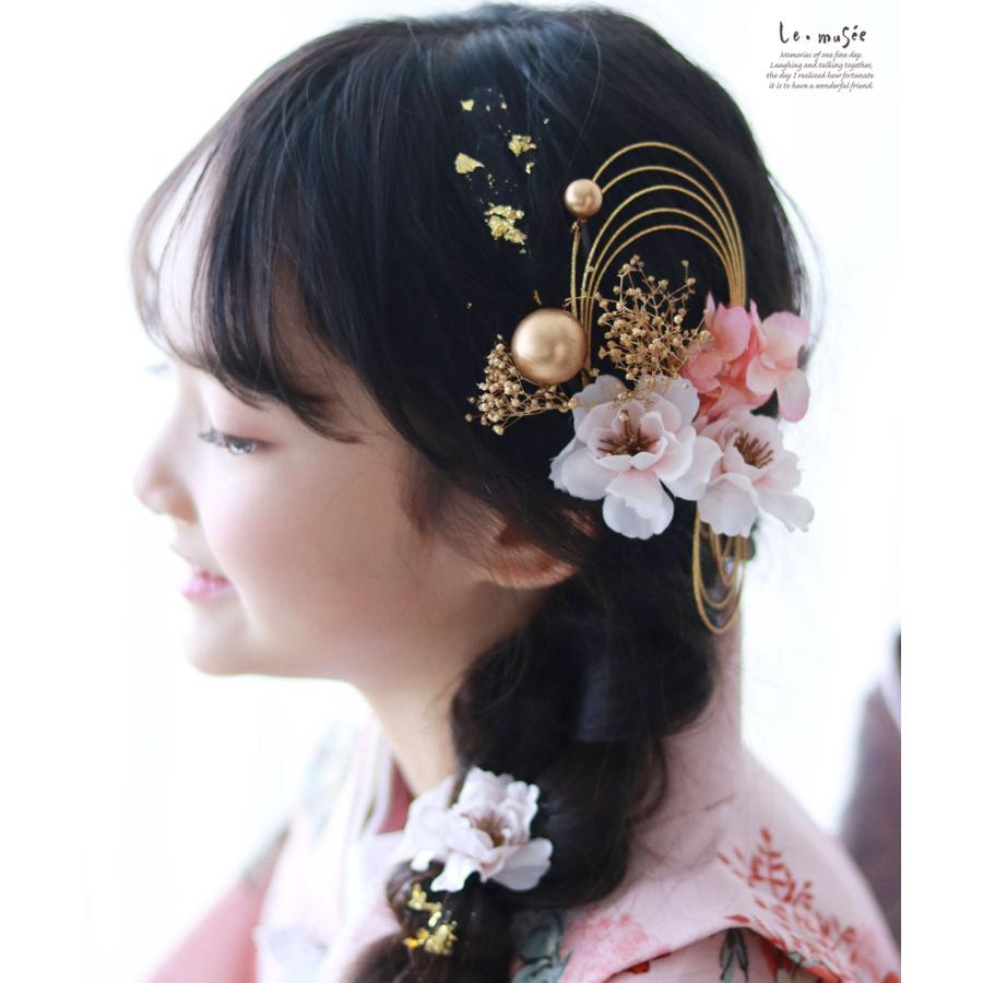 七五三 髪飾り ソフトピンク小花とゴールド飾り | 753 3歳 7歳 白