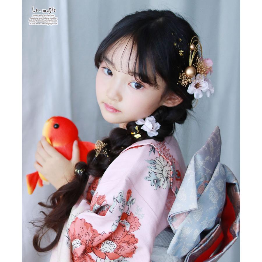 七五三 髪飾り ソフトピンク小花とゴールド飾り | 753 3歳 7歳 白