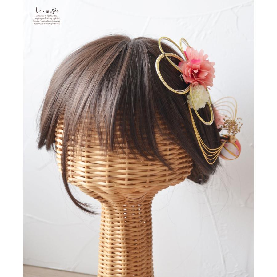 七五三 髪飾り 水引きフラワーと桃色ボール| 753 花 ヘッドドレス 3歳