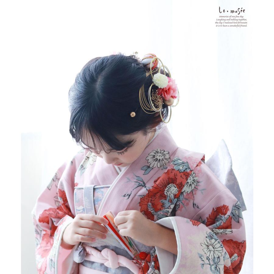 七五三 髪飾り 水引きフラワーと桃色ボール| 753 花 ヘッドドレス 3歳