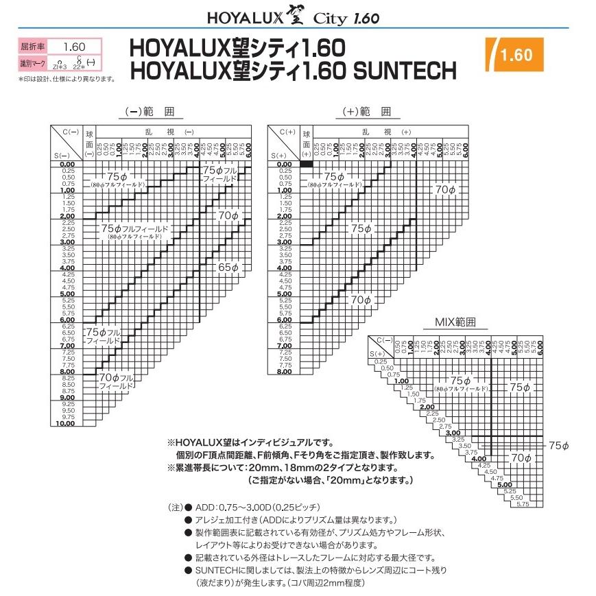 ノゾミ1.60　カラーレンズ　望160　HOYA　ホヤ　両面複合設計　遠近両用　メガネ　レンズ交換用　他店購入フレームOK 20ｍｍ