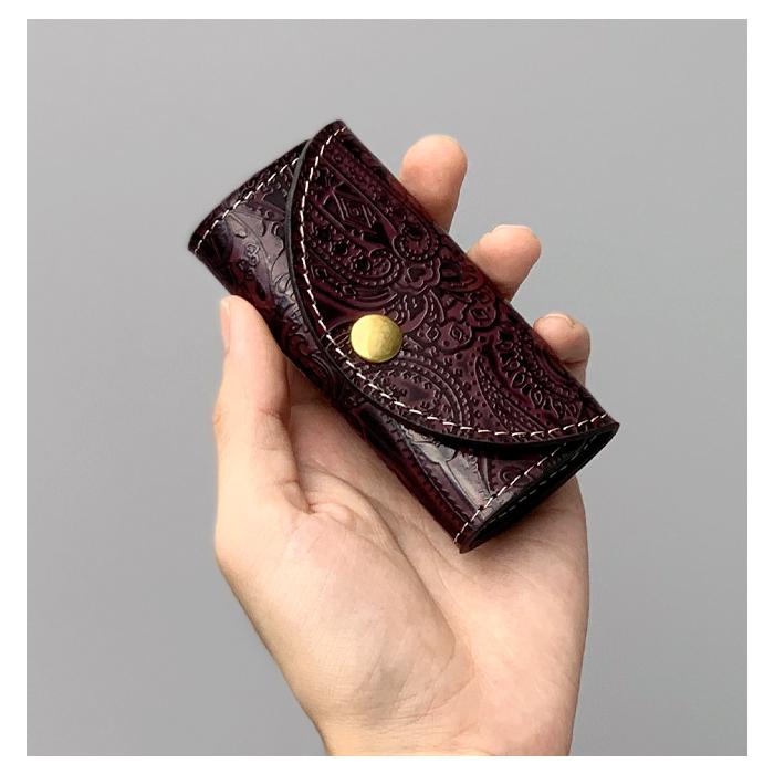 キーケース 4連 本革 ペイズリー レディース スマートキー 三つ折り