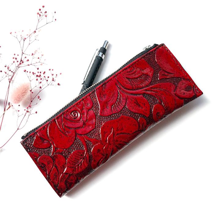 筆箱　ペンケース　文具　小物収納　アンティーク 本革 アンティーク調 バラ ペンケース 筆箱 レザー ペン入れ