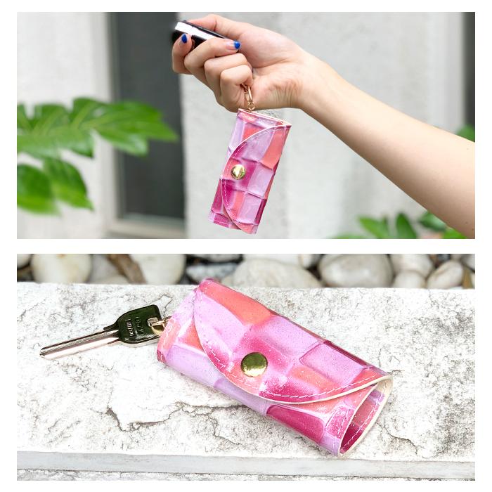 キーケース 本革 レディース ステンドグラス 型押し スマートキー 三