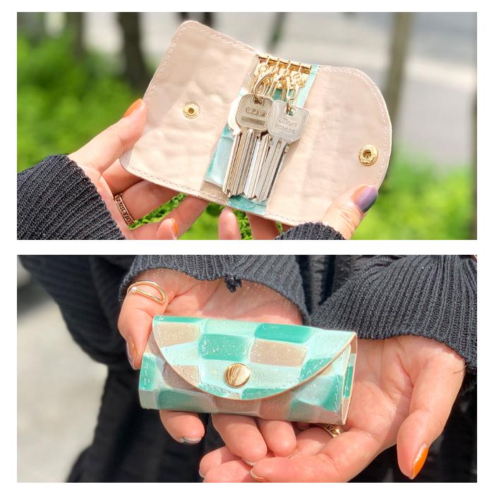 キーケース 本革 レディース ステンドグラス 型押し スマートキー 三