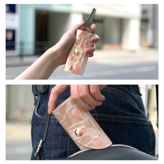 キーケース 本革 レディース ステンドグラス 型押し スマートキー 三
