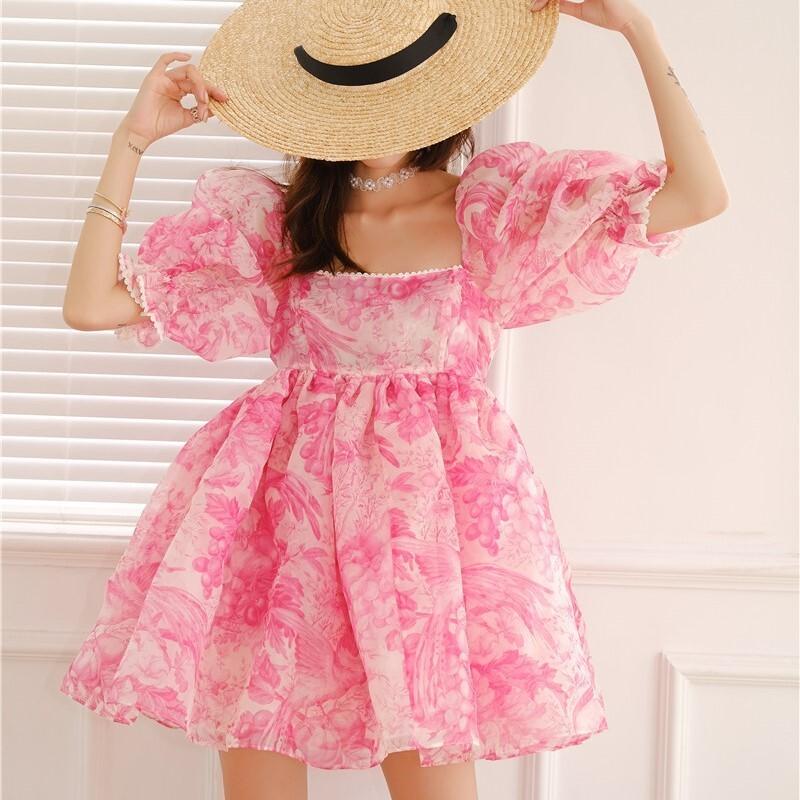 ワンピース 袖シースルー パフスリーブ ドレス ミニ丈 大人可愛い お洒落 オルチャン 韓国 ファッション オシャレ ママ お出かけ 女子会 デート 体系カバー 人気アイテム