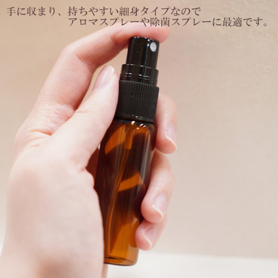 【スプレー容器】1本99円 大特価 20ml 茶色 ブラウン ガラス瓶 黒ノズル ポーチサイズ アロマ 遮光 軽量 お掃除 除菌 消臭 詰め換え 詰替 (角肩)｜lessentiel-japon｜03