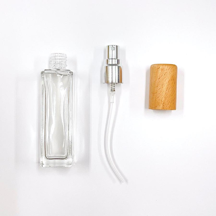 スクエア型 スプレー容器】20ml 木製キャップ クリア ガラス 透明 細長