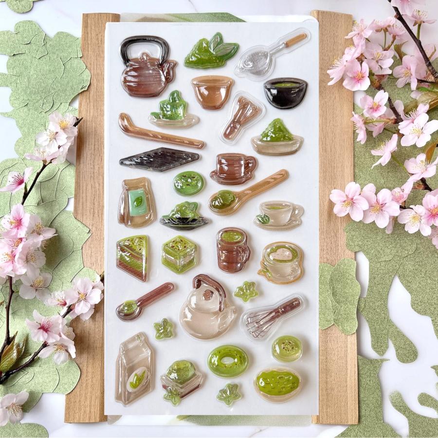 ぷくぷく ぷっくり 抹茶 3D シール 】 抹茶ラテ 抹茶ケーキ 抹茶