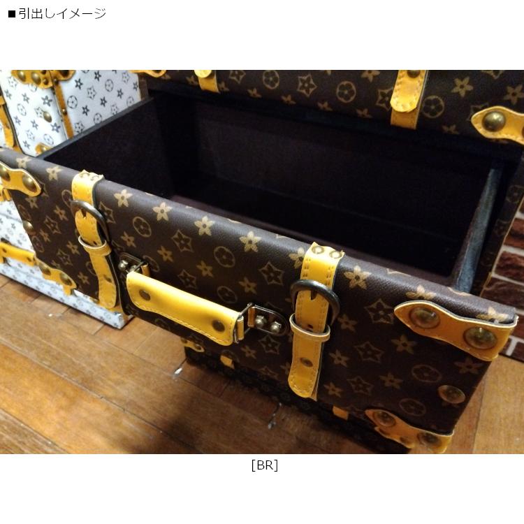 トランク風 チェスト 5段 モノグラム柄 引出し ブラウン ホワイト 新品