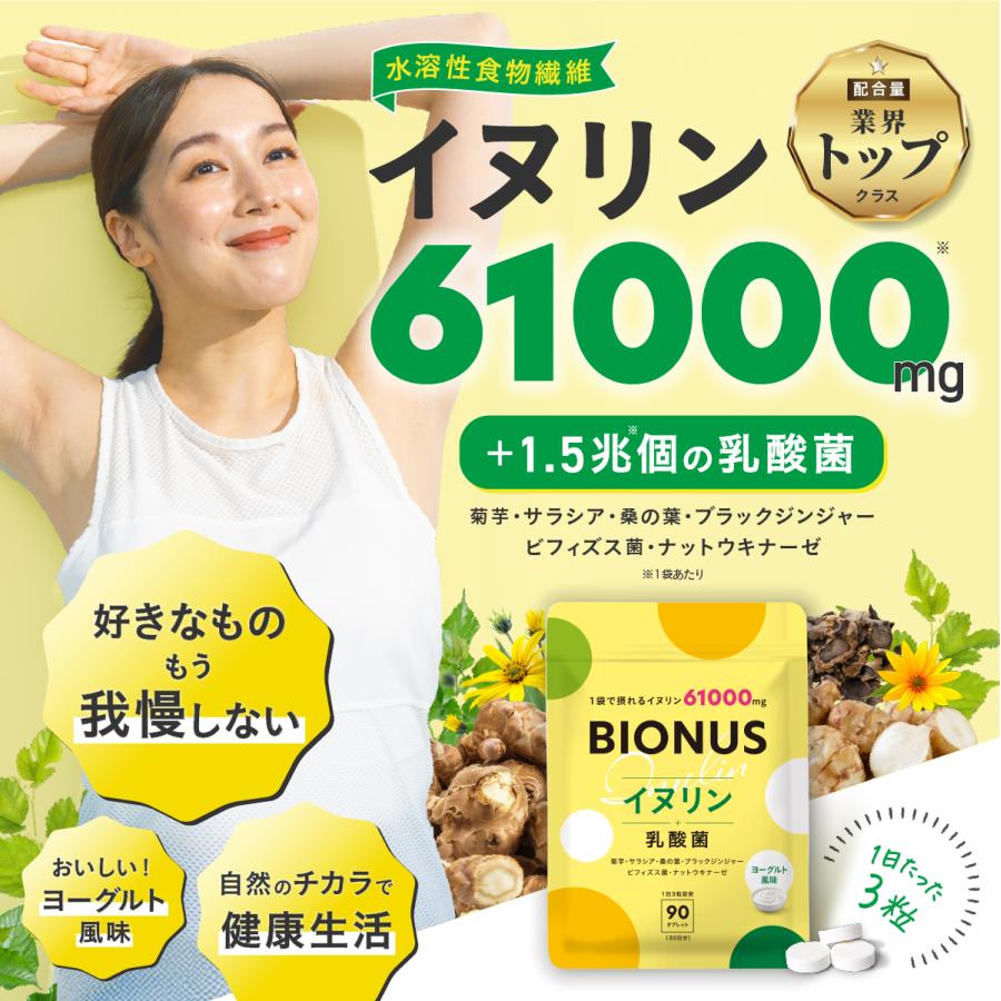 イヌリン 61,000mg 乳酸菌入り ヨーグルト風味 タブレット 1日3粒 90粒 30日分 菊芋 ビフィズス菌 オリゴ糖 ナットウキナーゼ 桑の葉 ブラックジンジャー |  | 01