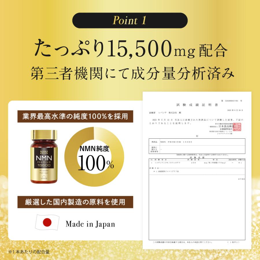 サプリ 15500 3本 成分量分析済 レバンテ 日本製 単品 純度100% NMN15500mg 1ヶ月分 還元型コエンザイムQ10 【フェムニケアフード】 美容 F