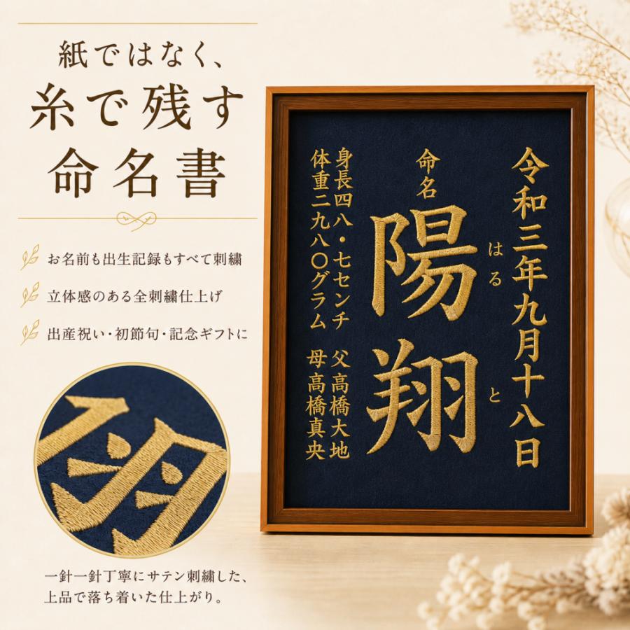 命名書 刺繍 オーダー 額入り A4 出産祝い 命名紙 名入れ ベビー