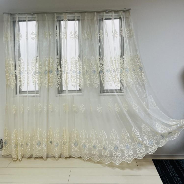 レースカーテン 北欧 刺繍柄 クローバー カーテン 2倍ヒダタイプ