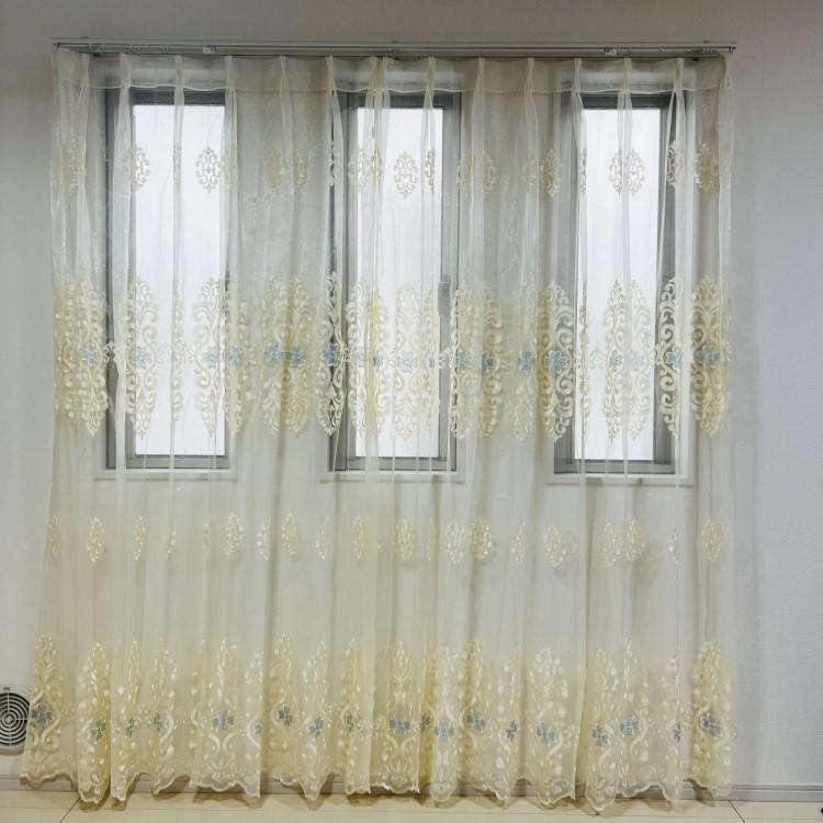 レースカーテン 北欧 刺繍柄 クローバー カーテン 2倍ヒダタイプ