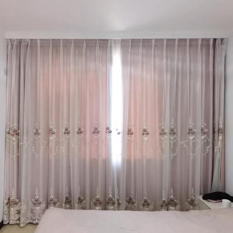 レースカーテン 北欧 刺繍柄 クローバー カーテン 2倍ヒダタイプ