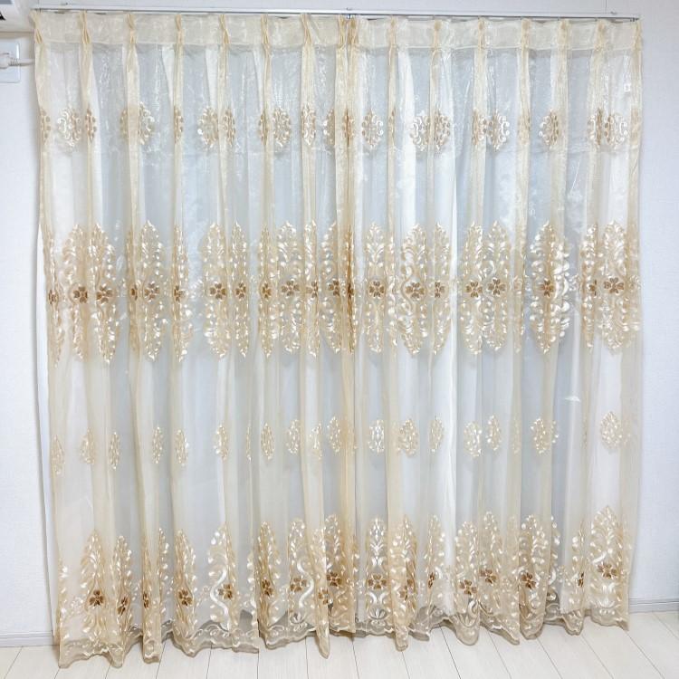 レースカーテン 北欧 刺繍柄 クローバー カーテン 2倍ヒダタイプ