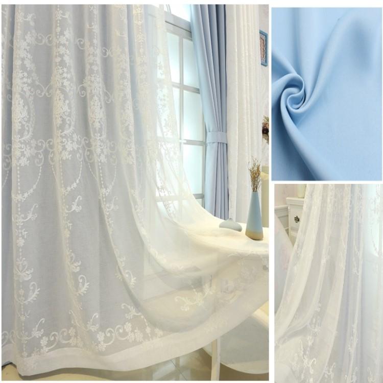二層一体カーテン　ホワイト　刺繍　人気　高品質 4枚入り 高級立体刺繍柄付き遮光カーテン 一体型カーテン レース