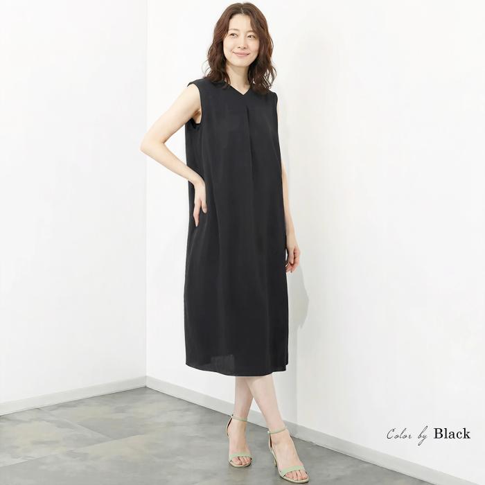 ワンピース レディース COOL クール 接触冷感 綿混 Ｖネック ノースリーブ ミモレ丈 ひざ下丈 Iライン 無地 ブラック ブルーグリーン[11751] |  | 03