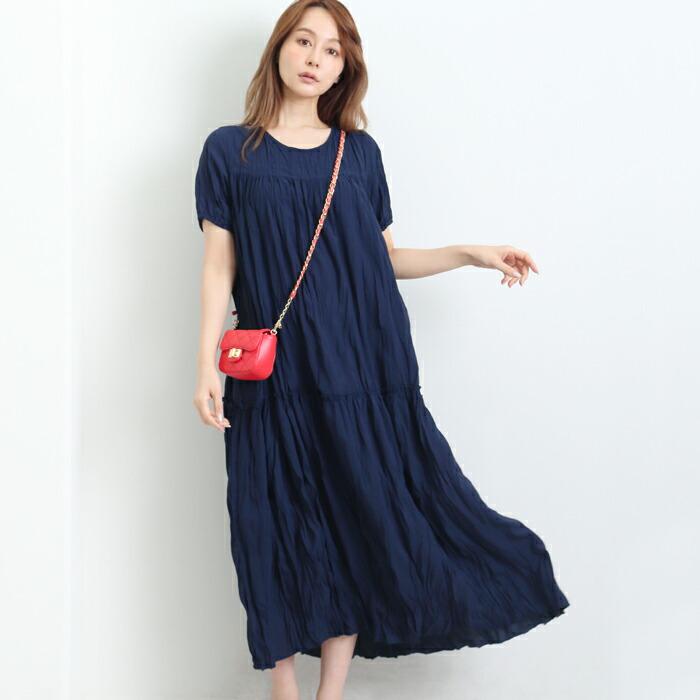 ワンピース ロング シワ加工 MARTHA マーサ ワッシャー プリーツ ゆったり ワイドフィット  ホームウェア ワンマイル おうち着 半袖 レディース  大人 L 16862 |  | 01