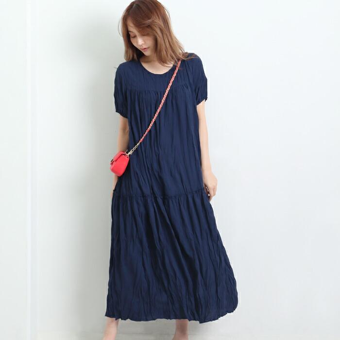 ワンピース ロング シワ加工 MARTHA マーサ ワッシャー プリーツ ゆったり ワイドフィット  ホームウェア ワンマイル おうち着 半袖 レディース  大人 L 16862 |  | 02