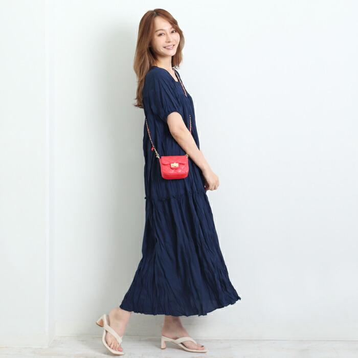 ワンピース ロング シワ加工 MARTHA マーサ ワッシャー プリーツ ゆったり ワイドフィット  ホームウェア ワンマイル おうち着 半袖 レディース  大人 L 16862 |  | 03
