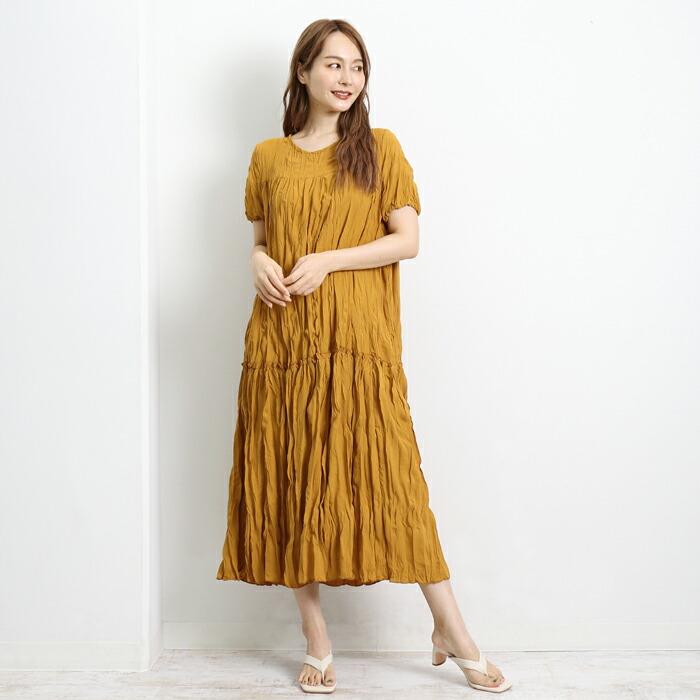 ワンピース ロング シワ加工 MARTHA マーサ ワッシャー プリーツ ゆったり ワイドフィット  ホームウェア ワンマイル おうち着 半袖 レディース  大人 L 16862 |  | 05