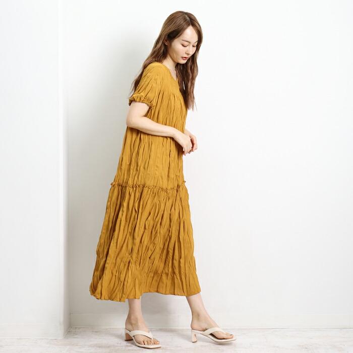 ワンピース ロング シワ加工 MARTHA マーサ ワッシャー プリーツ ゆったり ワイドフィット  ホームウェア ワンマイル おうち着 半袖 レディース  大人 L 16862 |  | 06