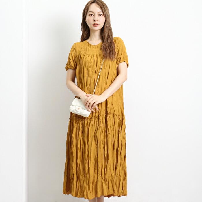 ワンピース ロング シワ加工 MARTHA マーサ ワッシャー プリーツ ゆったり ワイドフィット  ホームウェア ワンマイル おうち着 半袖 レディース  大人 L 16862 |  | 08