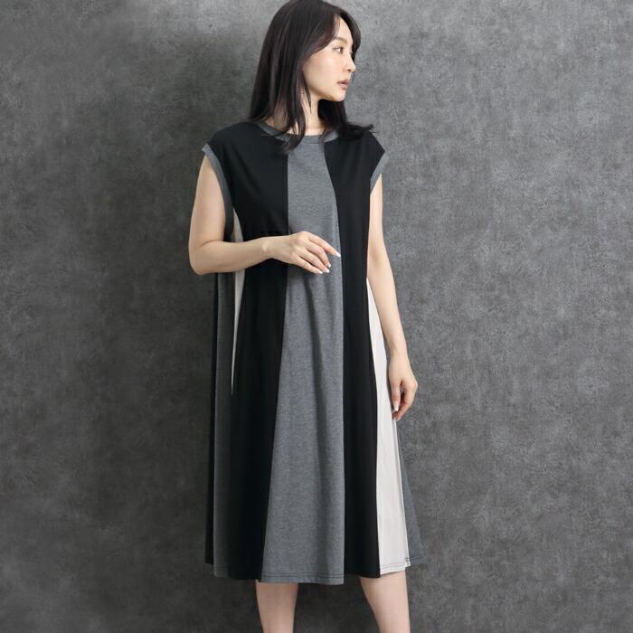 ワンピース カットソー チュニック MARTHA マーサ コットン 綿  きれいめ 配色 大きいサイズ ロング ゆったり 体型カバー カーキ グレー ss 16931 |  | 02