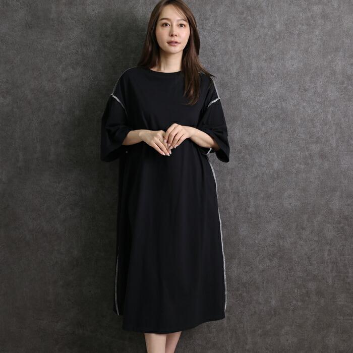 送料無料 ワンピース Tシャツ MARTHA マーサ Tワンピ ロングワンピ コットン 綿100% おうち着 長袖 ロング丈 大人 上品 L 大きいサイズ ランチ 16978 |  | 01